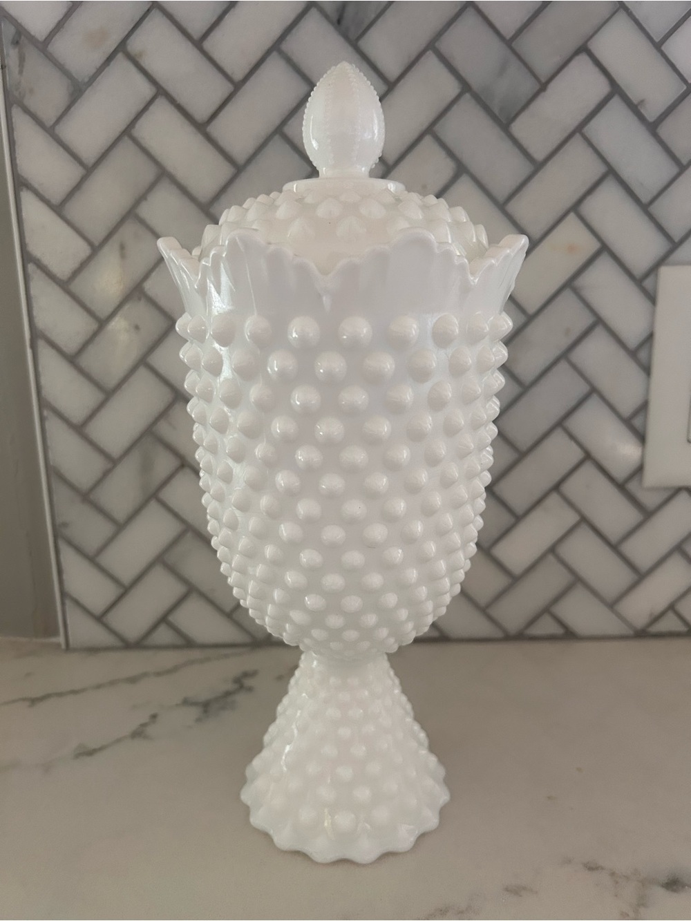 Fenton White Hobnail Milk Glass Apothecary Covered Compote Dish & Lid